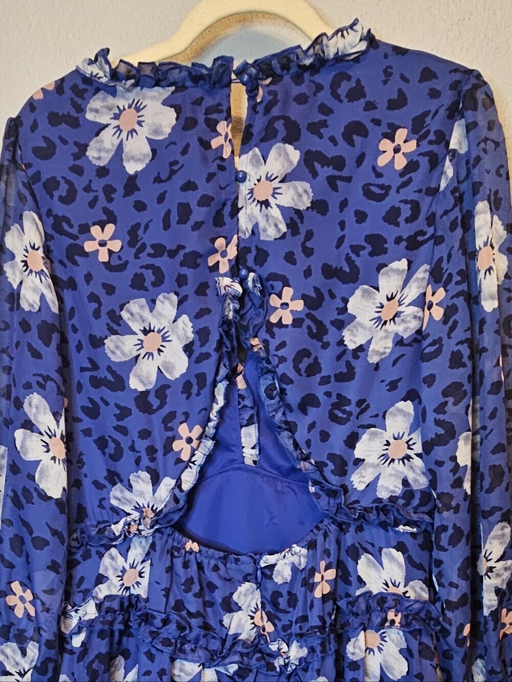NWT XL Blue Floral Leopard Ruffle Tiered Open Back Dress - Picture 6 of 10